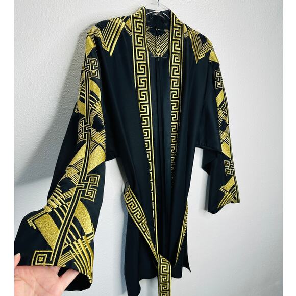 Versace Belted Gold Embroidered Black Wool Blend Kimono Jacket M - Picture 7 of 14